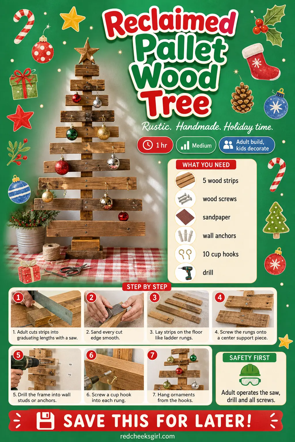 Reclaimed Pallet Wood Tree Craft Card printable sheet — Printable card with finished wood tree photo, materials and 7 steps. Wall christmas tree ideas