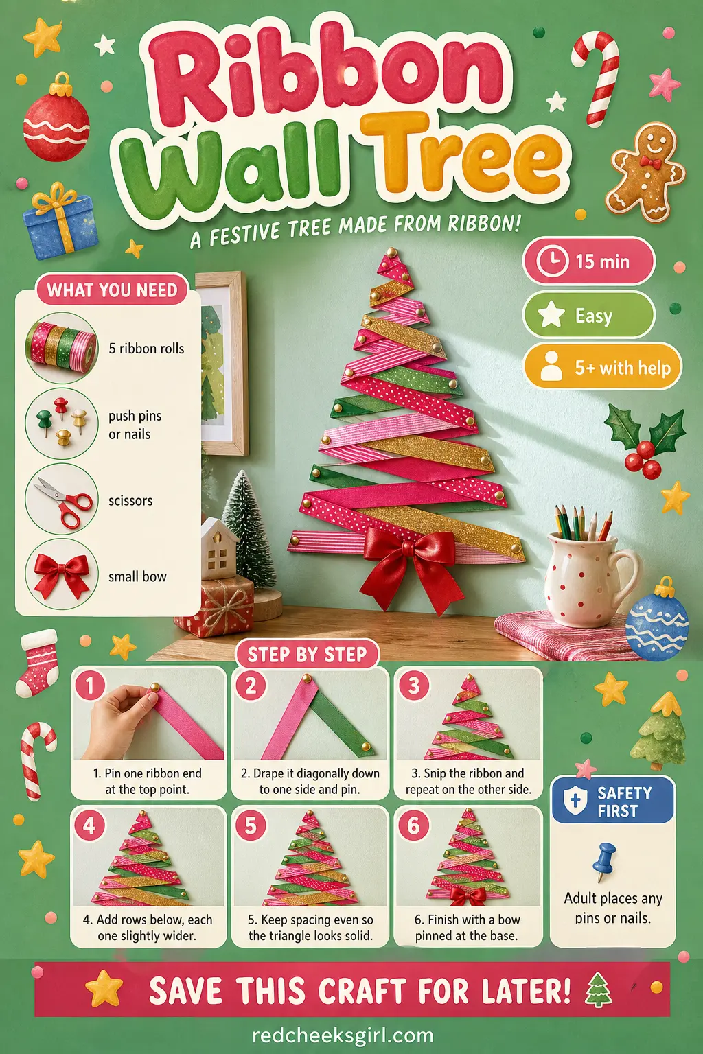 Ribbon Wall Tree Craft Card printable sheet — Printable card with finished ribbon tree photo, materials and 6 steps. Wall christmas tree ideas