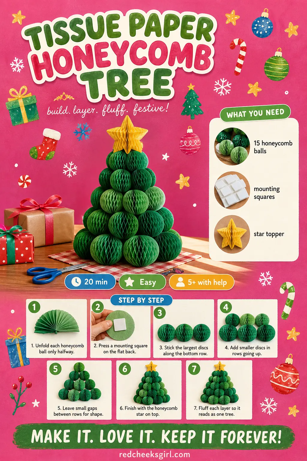 Tissue Paper Honeycomb Tree Craft Card printable sheet — Printable card with finished honeycomb tree photo, materials and 7 steps. Wall christmas tree ideas