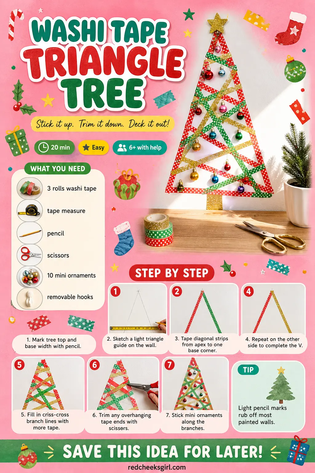 Washi Tape Triangle Tree Craft Card printable sheet — Printable card with finished tape tree photo, materials and 7 steps. Wall christmas tree ideas