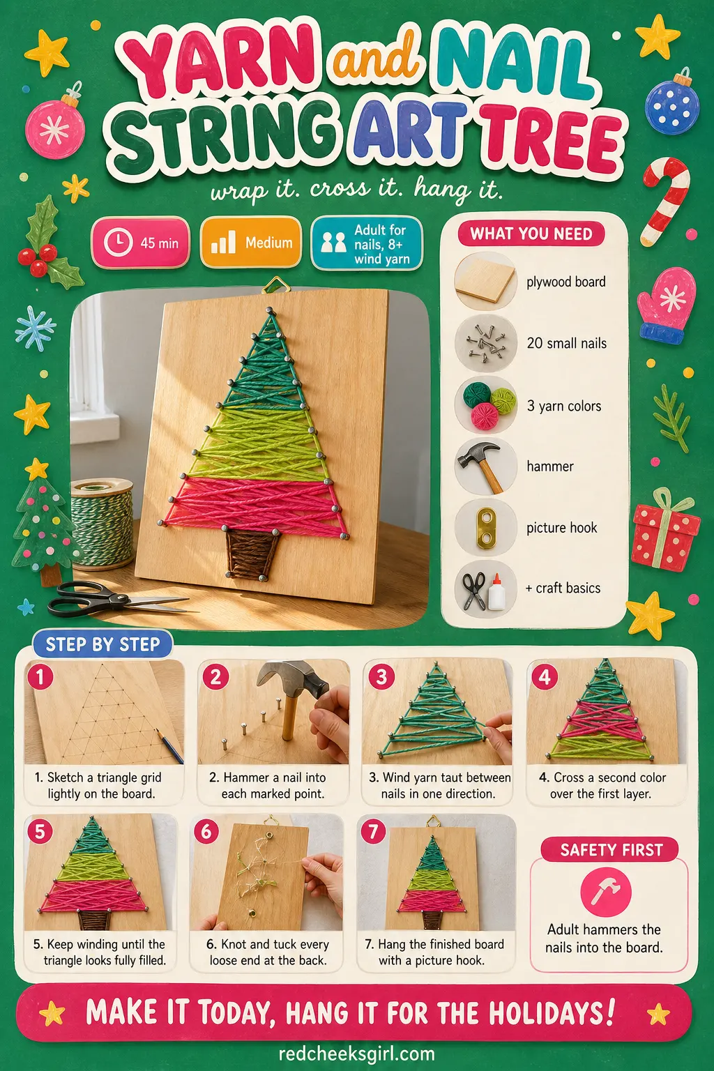 Yarn and Nail String Art Tree Craft Card printable sheet — Printable card with finished string art tree photo, materials and 7 steps. Wall christmas tree ideas