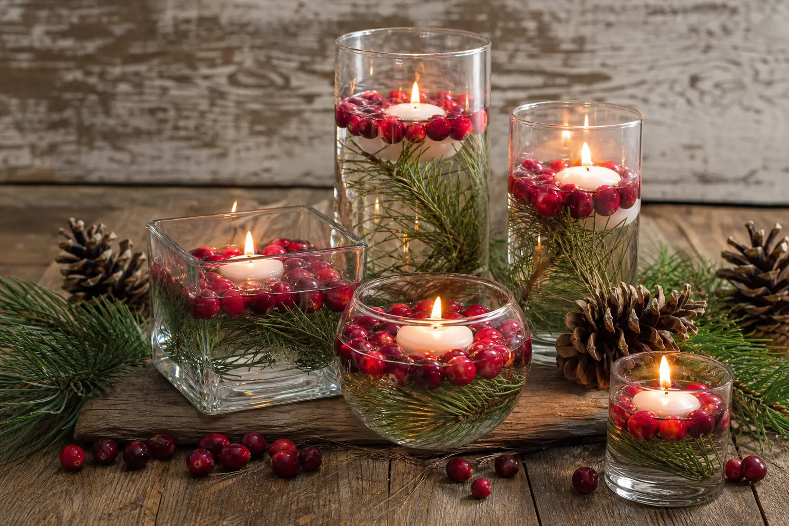 12 Water Candles DIY Ideas With Floating Cranberries, Pine Sprigs and Glowing Glass Vases
