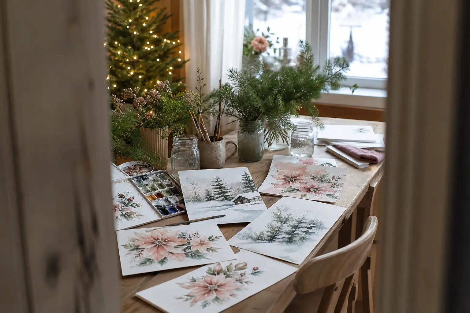 15 Watercolor Christmas Cards to Print With Soft Snowy Landscapes and Blush Poinsettias