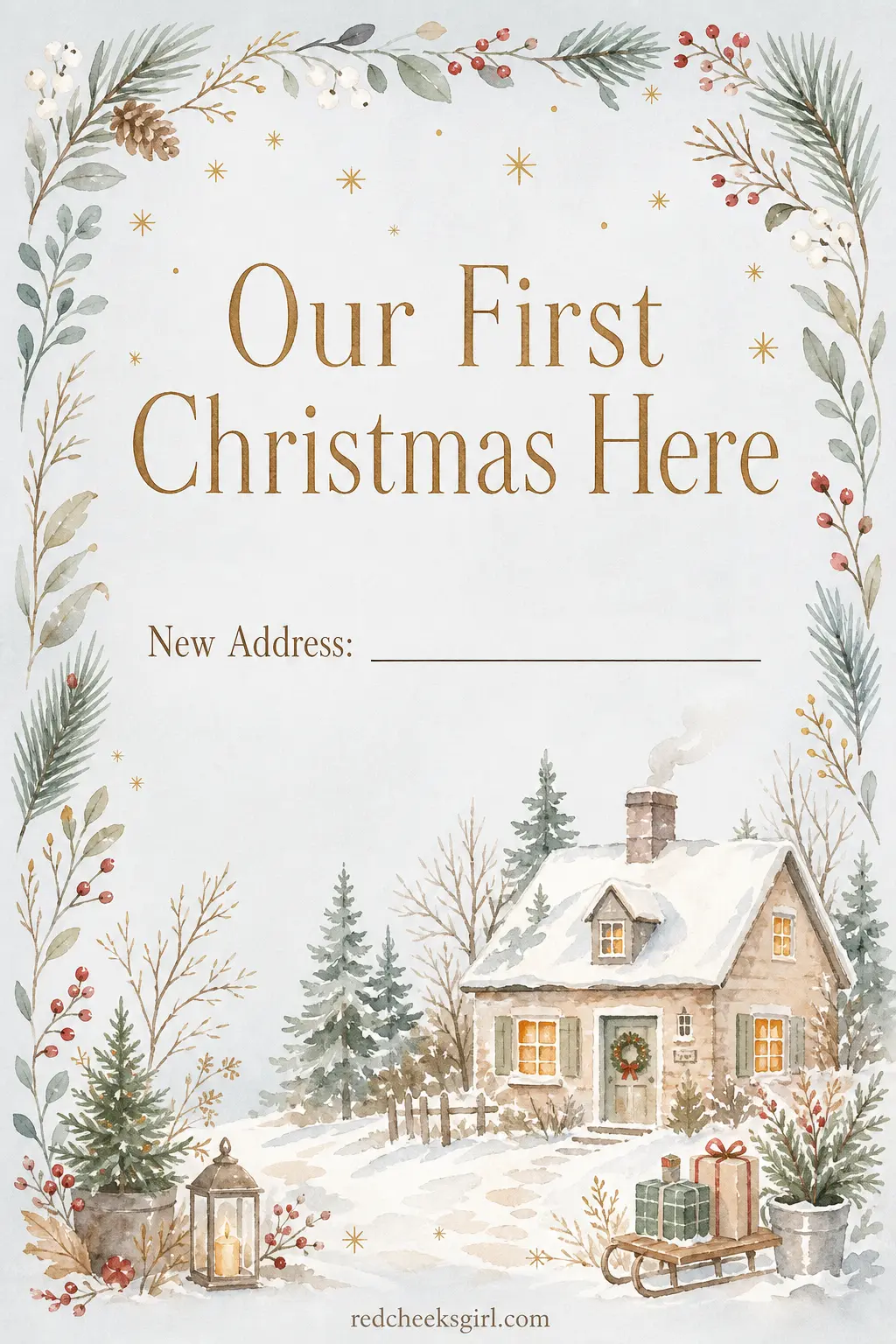 Our First Christmas Here printable sheet — For the year you moved, when half the usual guest list does not yet know the new street name. Watercolour christmas