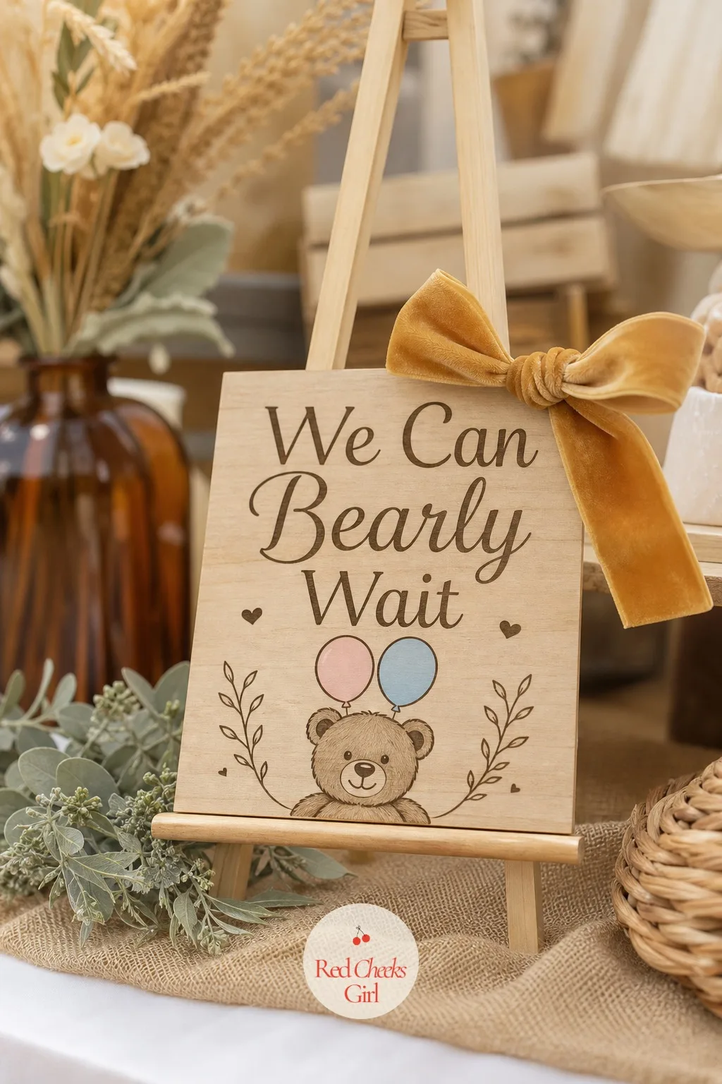 "We Can Bearly Wait" Sign — One sign does the job a dozen smaller labels would otherwise need to do, and it is usually the single piece of decor guests