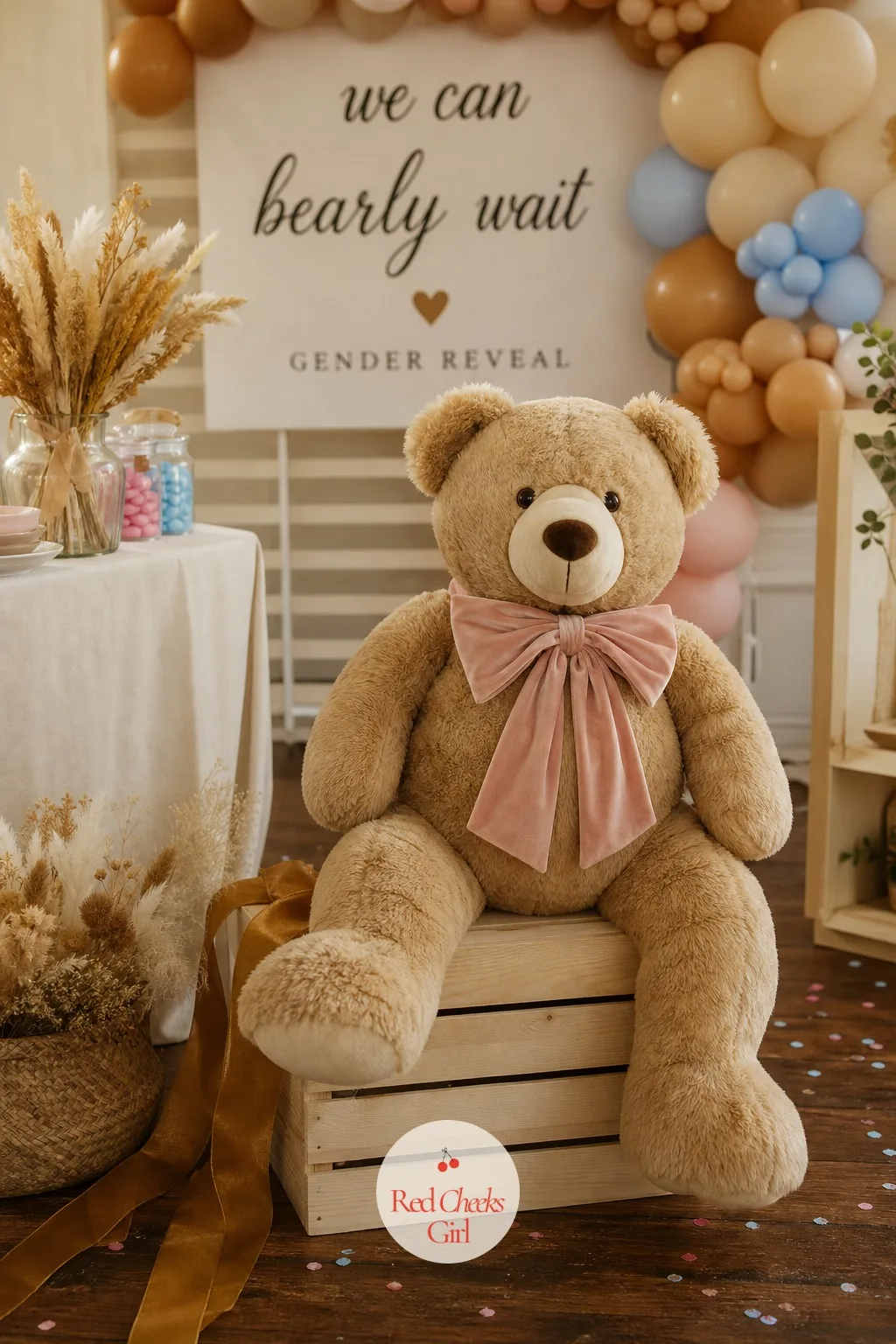 Big Bear in a Bow or Bow Tie — One oversized bear does more than a dozen small ones scattered around, because it reads from across the room and gives every