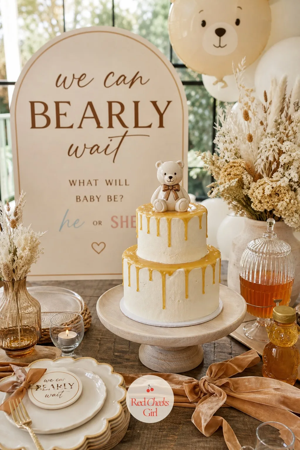 Honey and Bear Cake — A plain buttercream cake looks like a cake. We can bearly wait gender reveal
