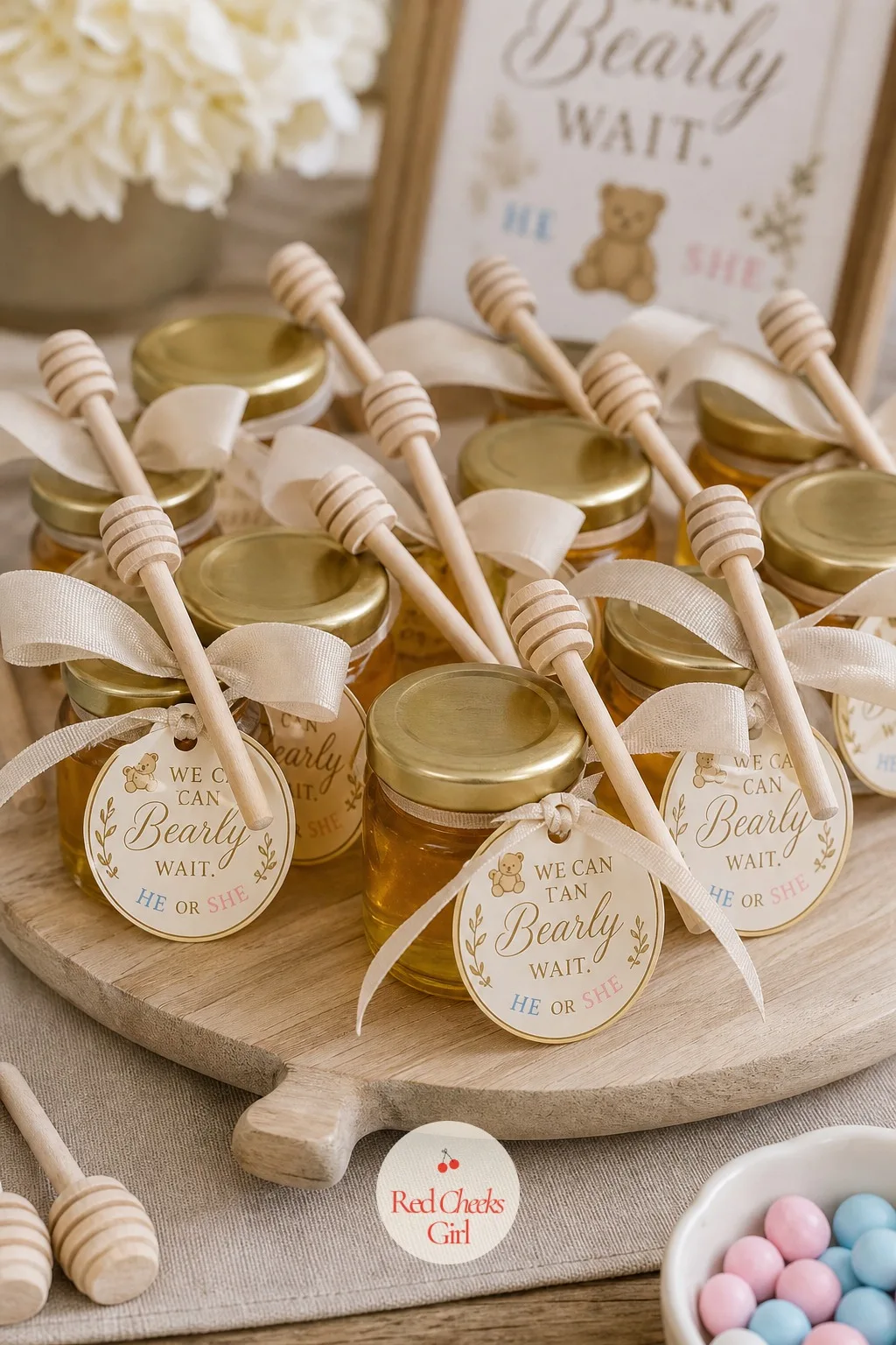 Honey Jar Treats — Somewhere between a dessert and a favor, a small jar of honey sits on the table looking decorative, then goes home with whoever wants it. We