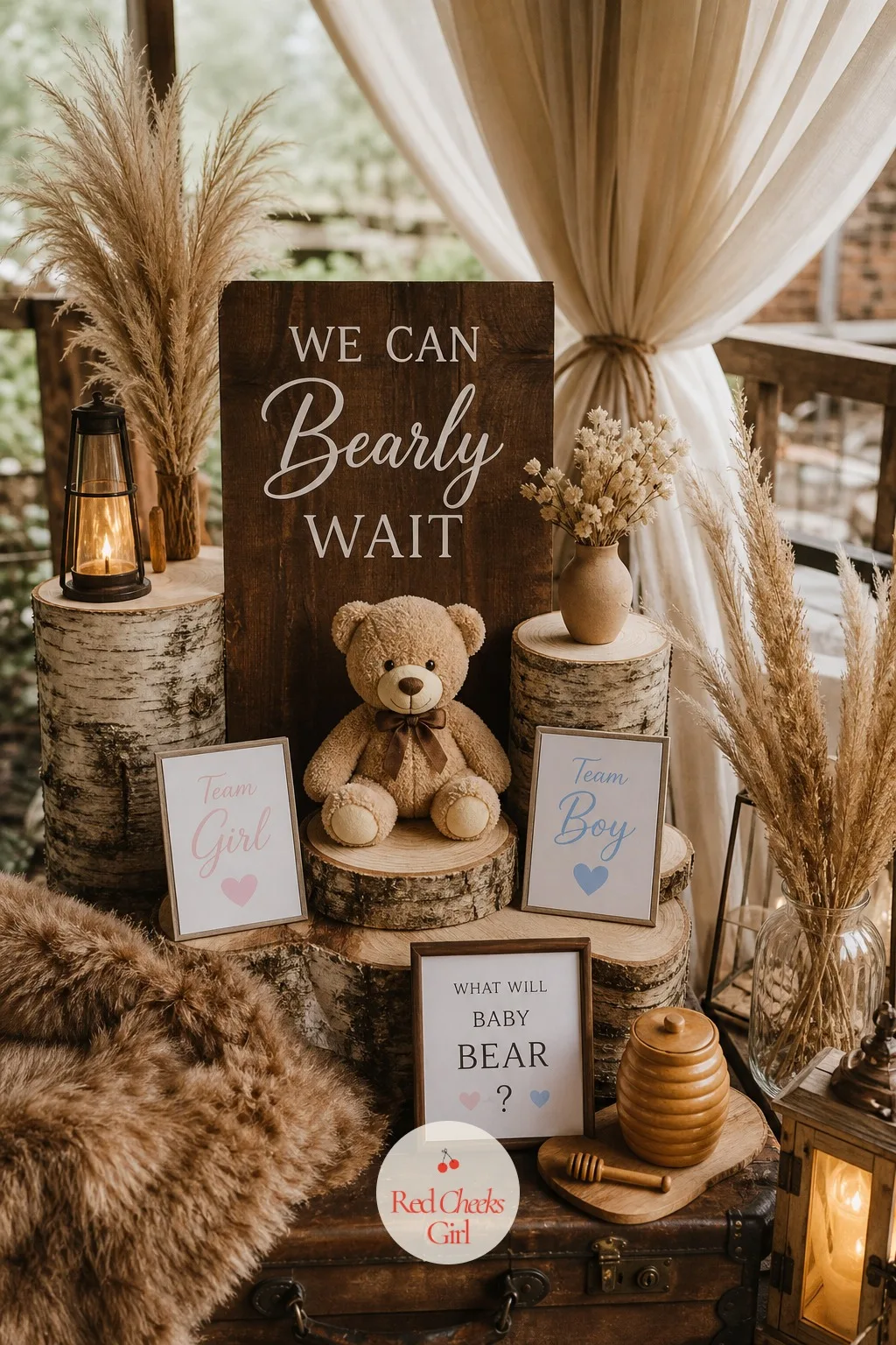 Rustic Into the Wild Woodsy Setup — If plush and balloons feel too sweet for the space you have, the same pun works dressed down: woodland instead of nursery