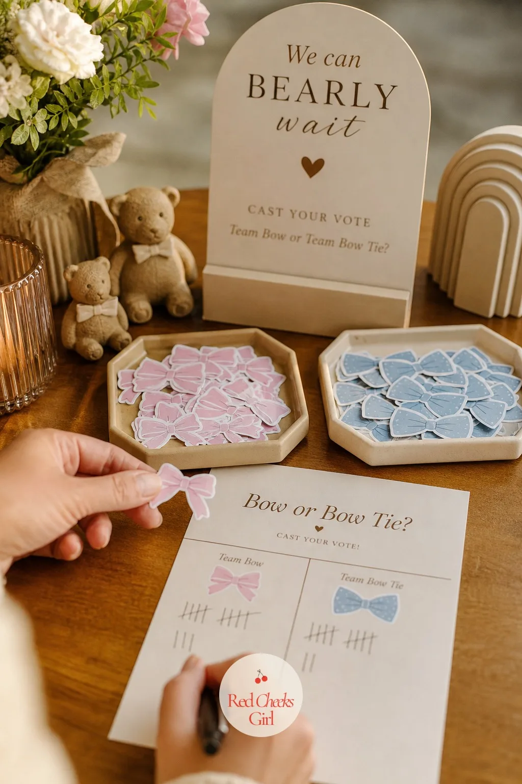 Team Bow or Team Bow Tie Stickers — Instead of asking guests to write down a guess on a card, give them something to wear all afternoon that says which way