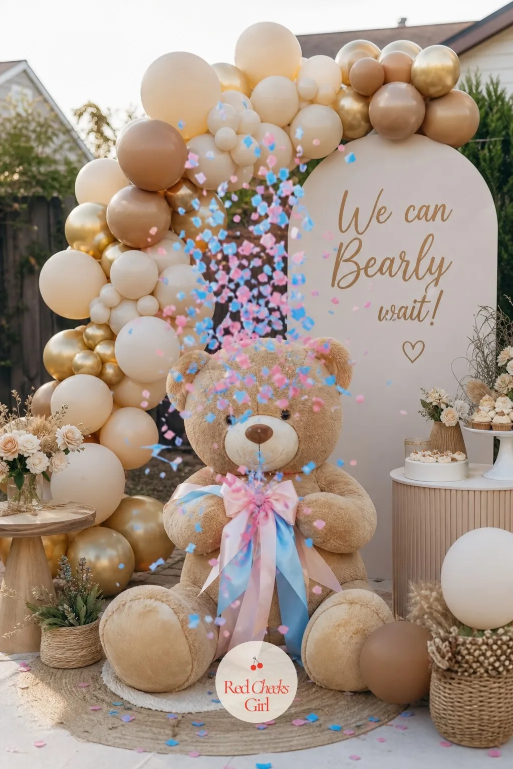 Teddy Bear Balloon Backdrop With the Reveal — A flat wall of balloons says party. We can bearly wait gender reveal