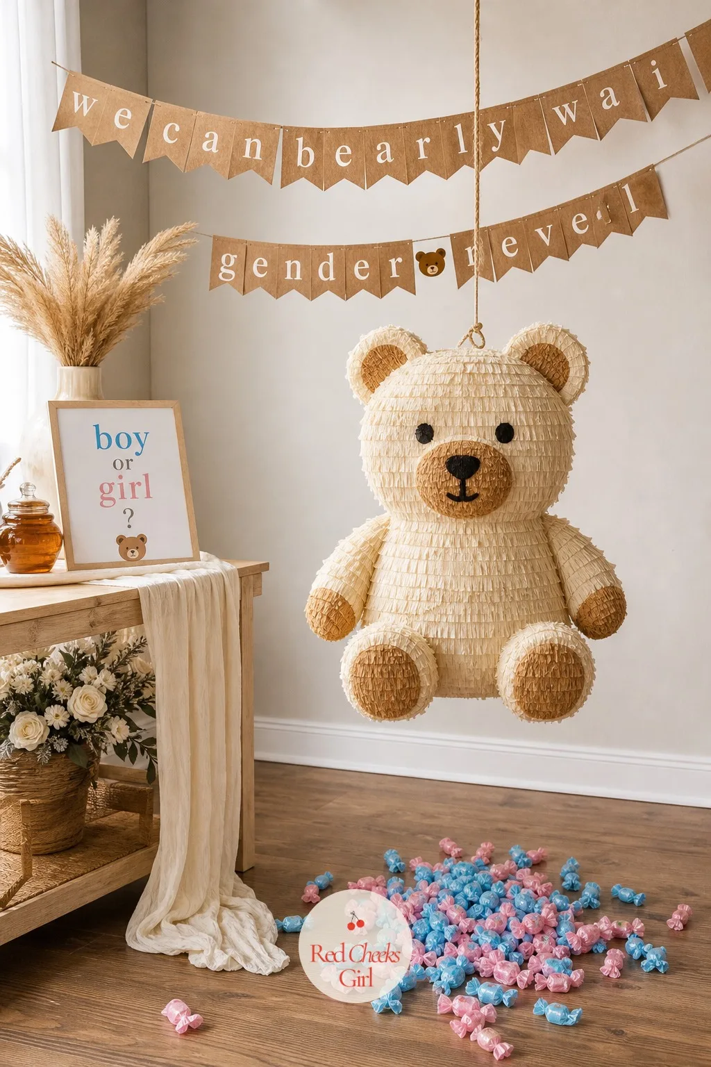 Teddy Bear Piñata Game — A piñata gives a party a proper, loud, physical moment, and a bear-shaped one filled with pink and blue candy doubles as a second