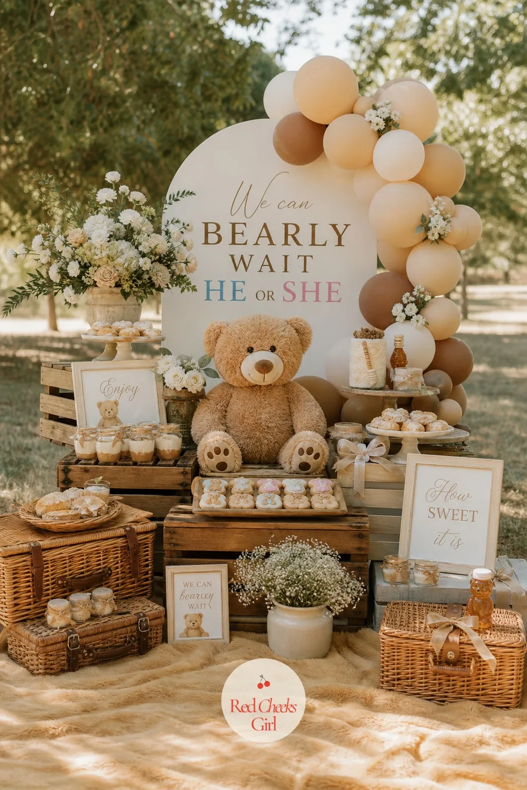 Teddy Bear Picnic Dessert Table — Rather than one long table of sweets lined up in a row, a picnic dessert table gives the whole spread somewhere to sit, which