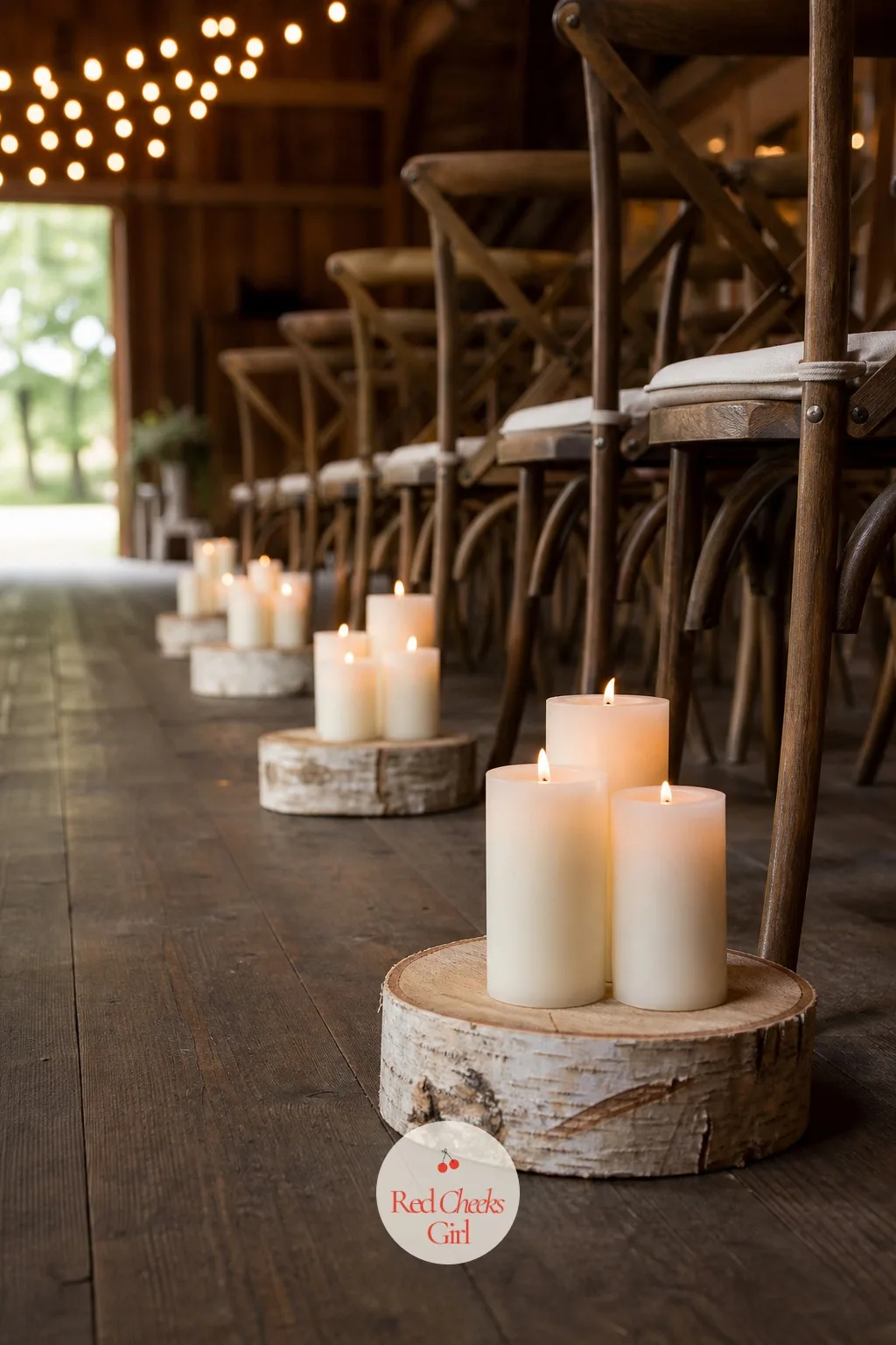 Birch Log Rounds With Pillar Candles — A barn aisle with nothing but chairs can feel unfinished at floor level, and flowers are not the only fix for that.