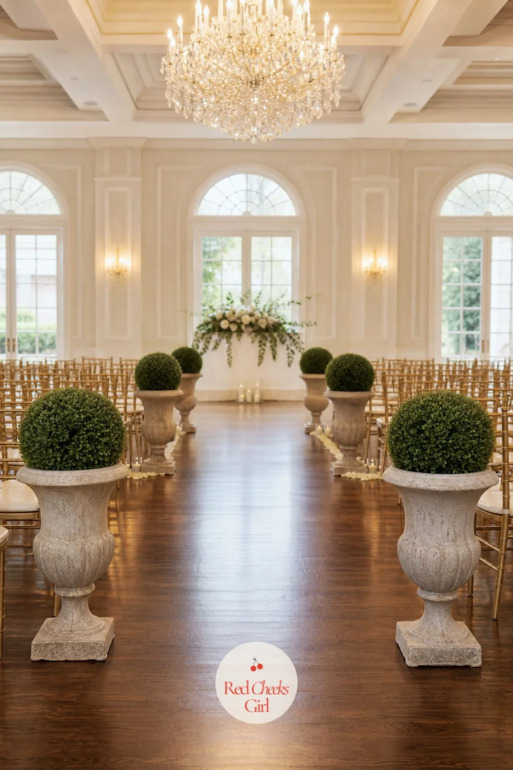 Boxwood Topiary In Urns Flanking The Aisle — A formal ballroom wedding wants architecture more than it wants softness, and nothing gives that like a clipped