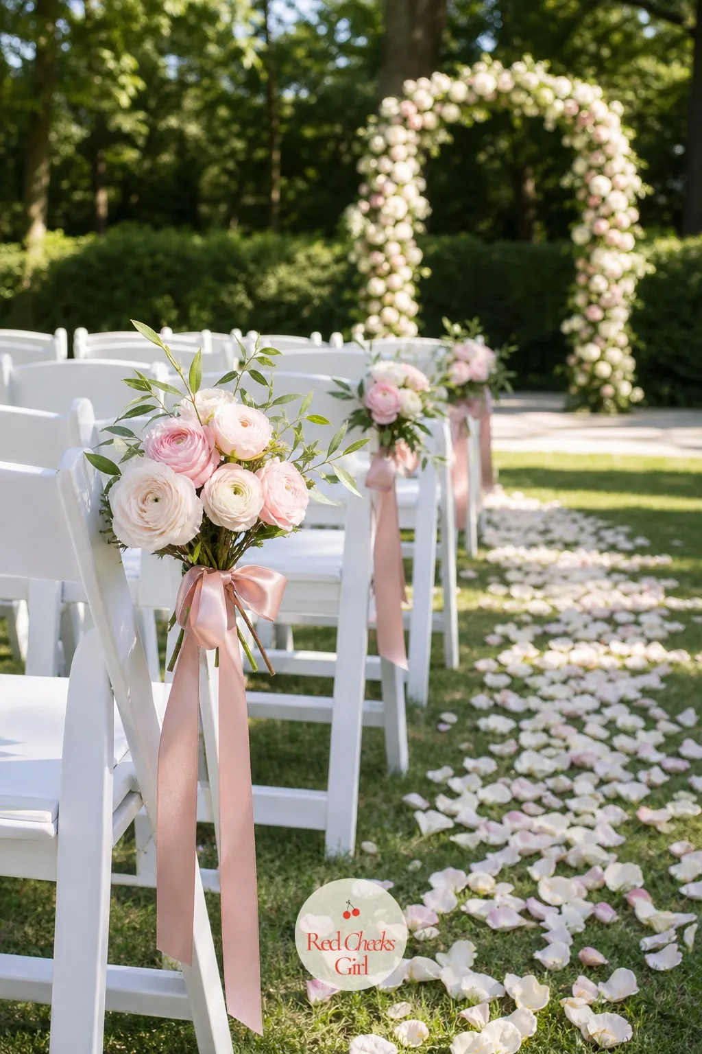 Chair-End Florals With Ribbon — A bare chair end looks like an afterthought once guests are seated and the aisle is the only thing left to photograph. Wedding