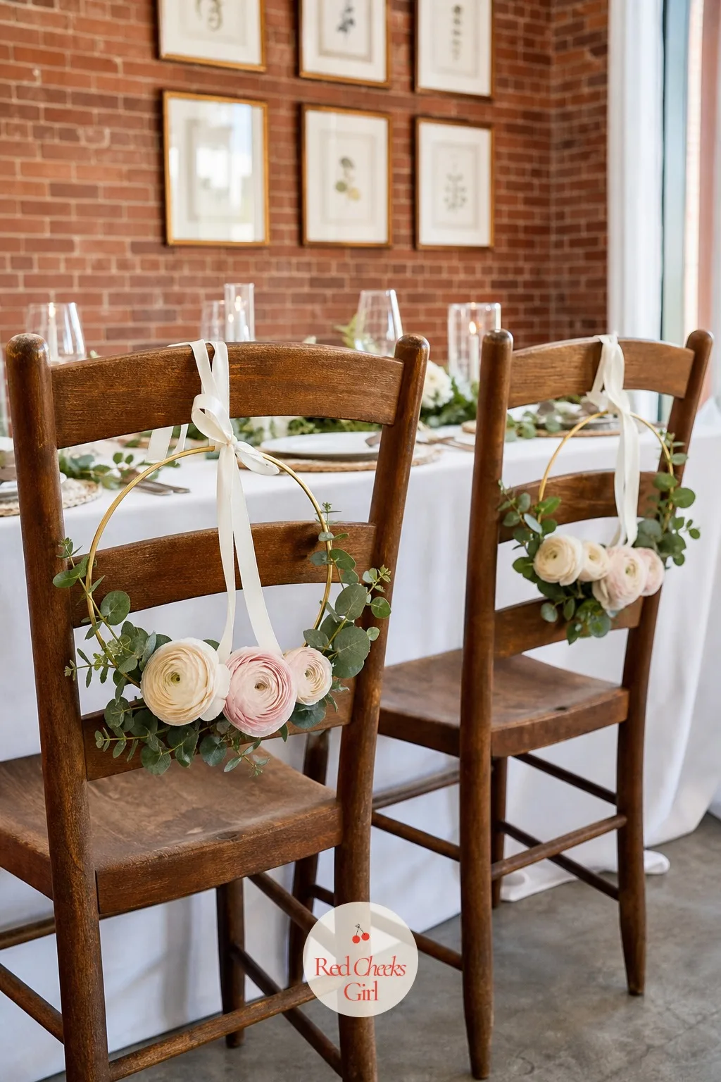 Floral Hoop Wreaths On Chair Backs — A full bunch on every chair can start to look busy in a modern, pared-back room. Wedding aisle decor