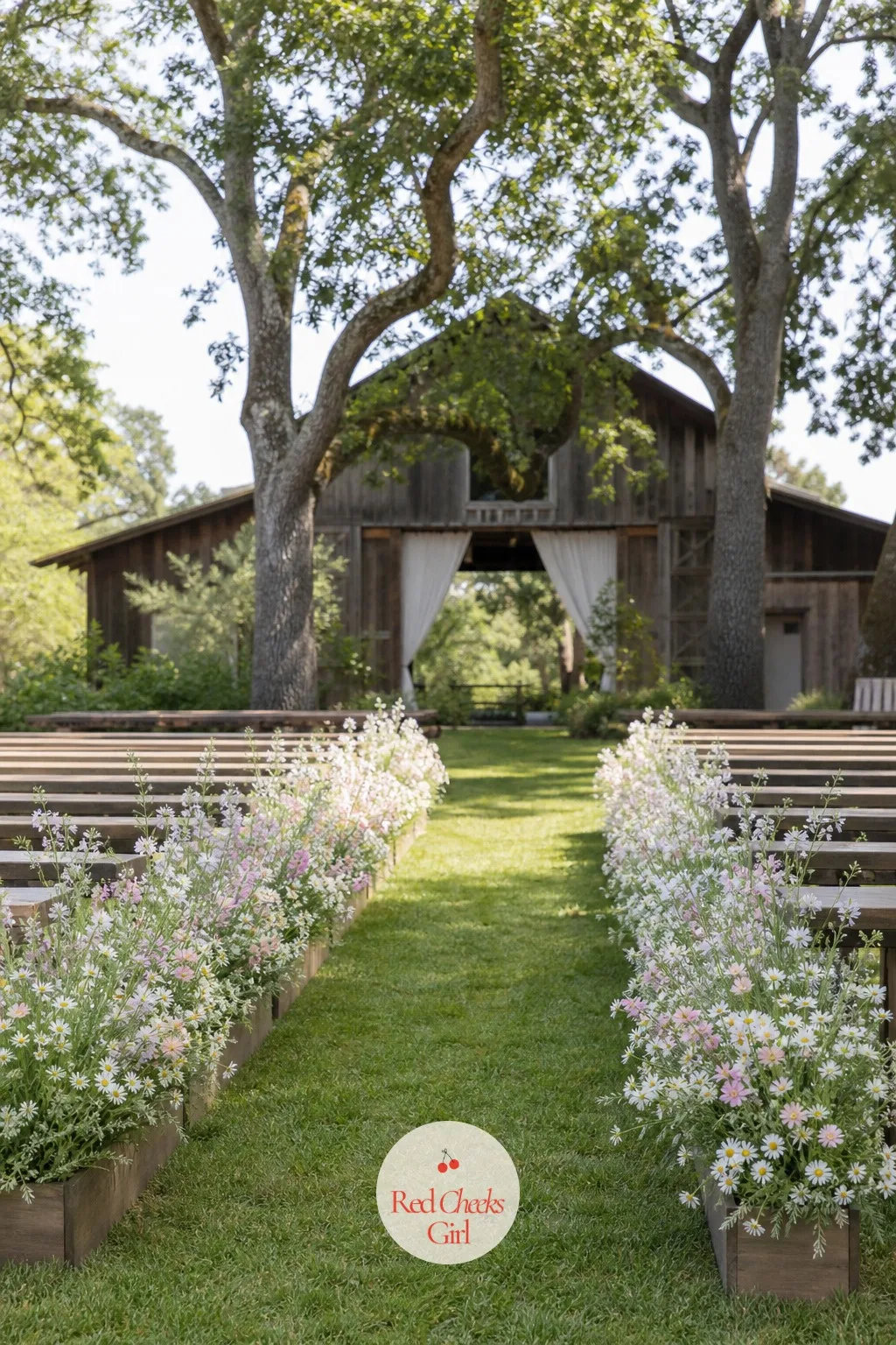 Floral Meadow Along The Aisle — A garden ceremony already has wildflowers nearby, so fighting that with tight florist bouquets never quite looks right. Wedding