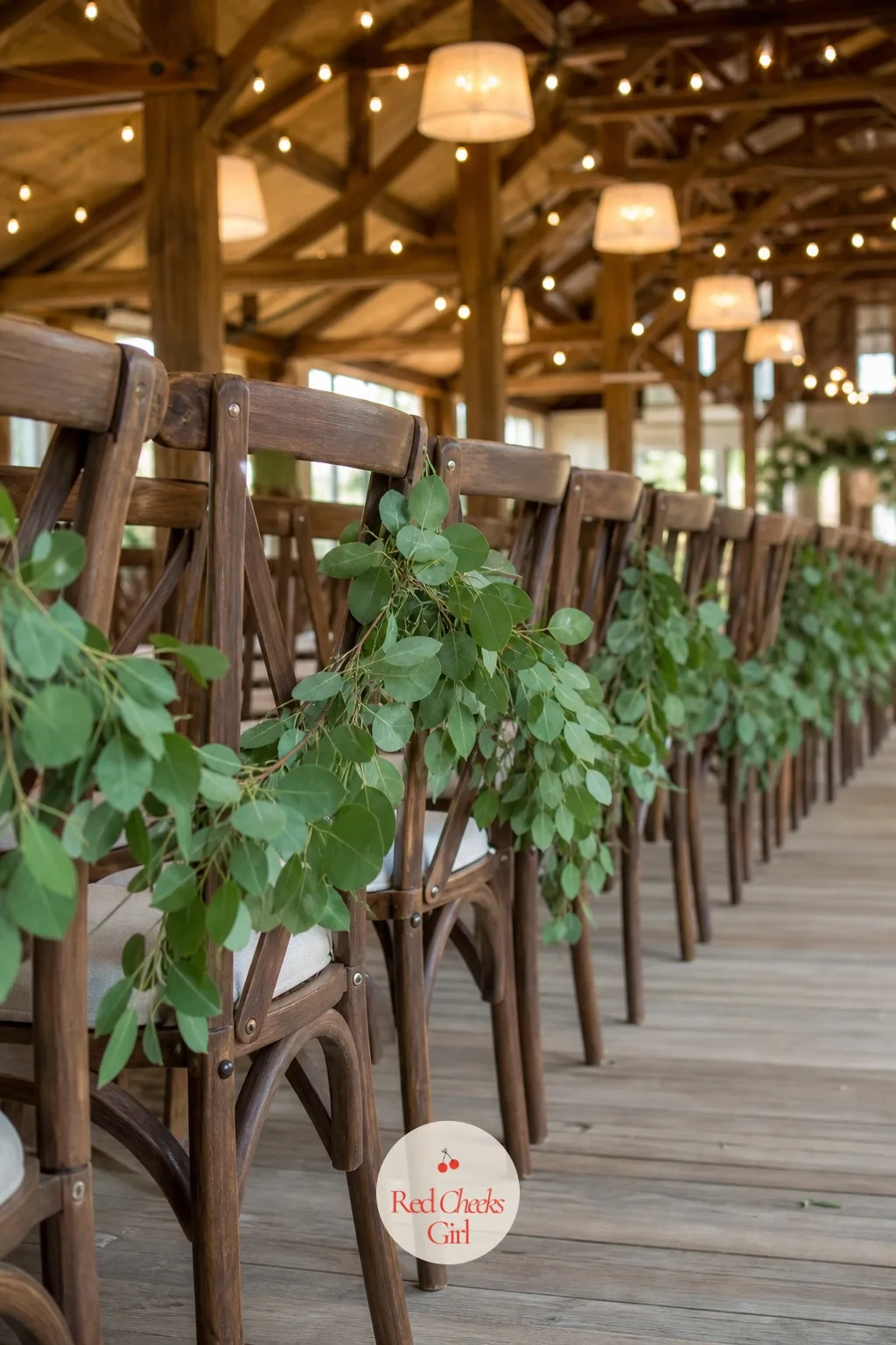 Greenery Garland On Chairs — A garland looped along the chair backs reads as more generous than it is, since one continuous line of eucalyptus covers the whole