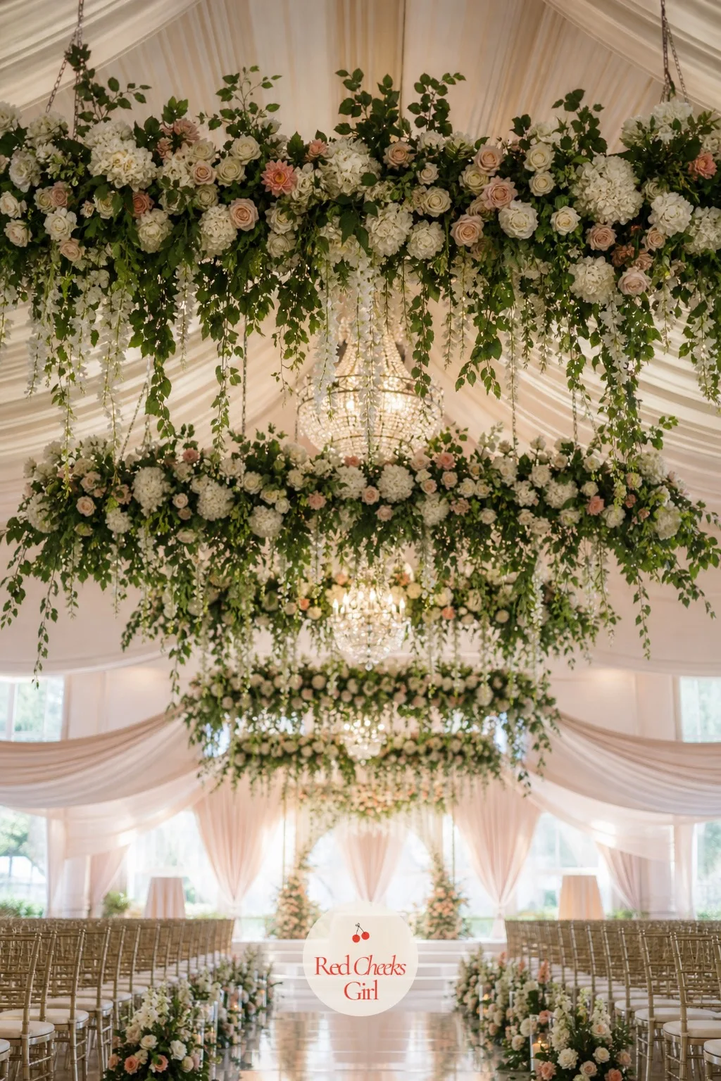 Hanging Florals For An Indoor Aisle — An indoor ceremony room often has height to spare and nothing filling it, which is exactly the problem a suspended floral