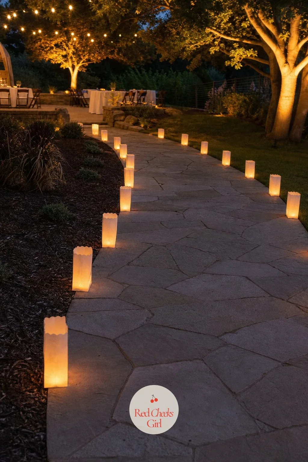 Luminaria Paper Bags Lining The Path — An evening garden aisle with nothing lighting the ground itself can feel like guests are walking into the dark. Wedding