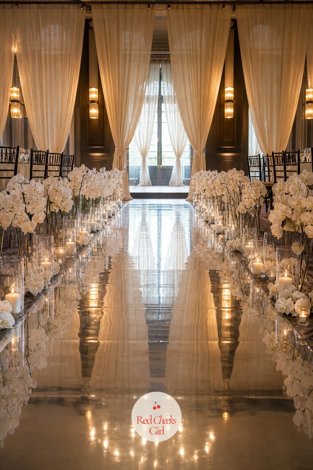 Mirror Runner — A mirrored runner is the one aisle treatment that does the lighting's job for it, bouncing every candle flame and chandelier bulb back up into