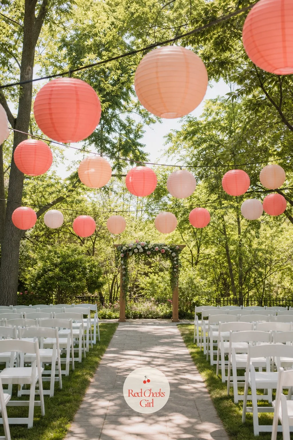 Paper Lantern String Overhead — A daytime garden ceremony has nowhere for candlelight to show up, so colour overhead does the job light would do after dark.