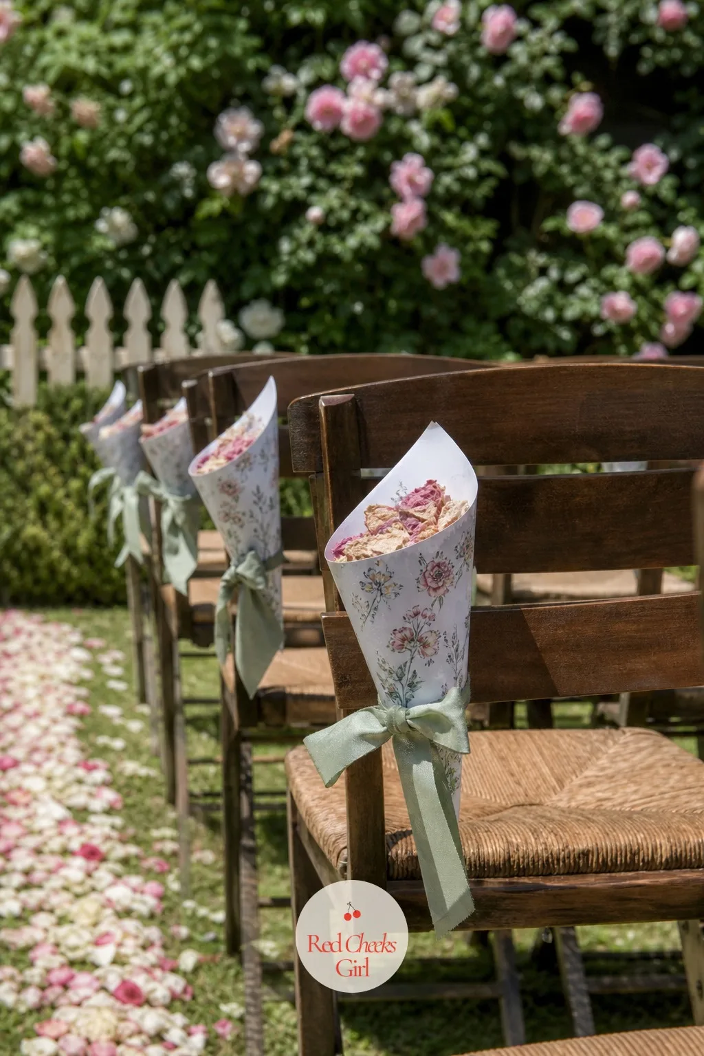 Petal Cones At Each Seat — Guests love having something to do with their hands right before the processional starts, and a small cone of petals at each seat