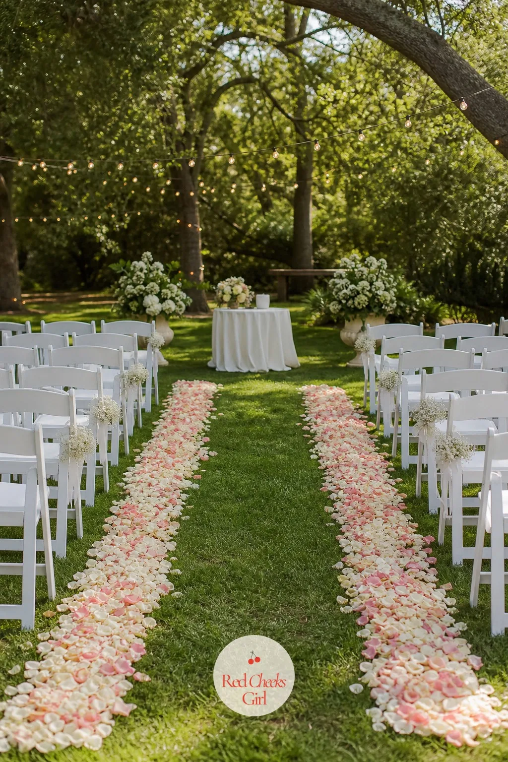 Petal-Lined Aisle — Loose petals look like the easy choice until a gust sends half of them into the hedge before the first guest sits down. Wedding aisle decor