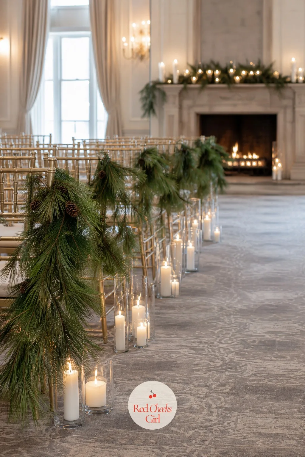 Pine Branches And Candles For Winter — A winter ceremony room can go cold and bare fast once the florals are gone, so this swaps flowers for branches almost