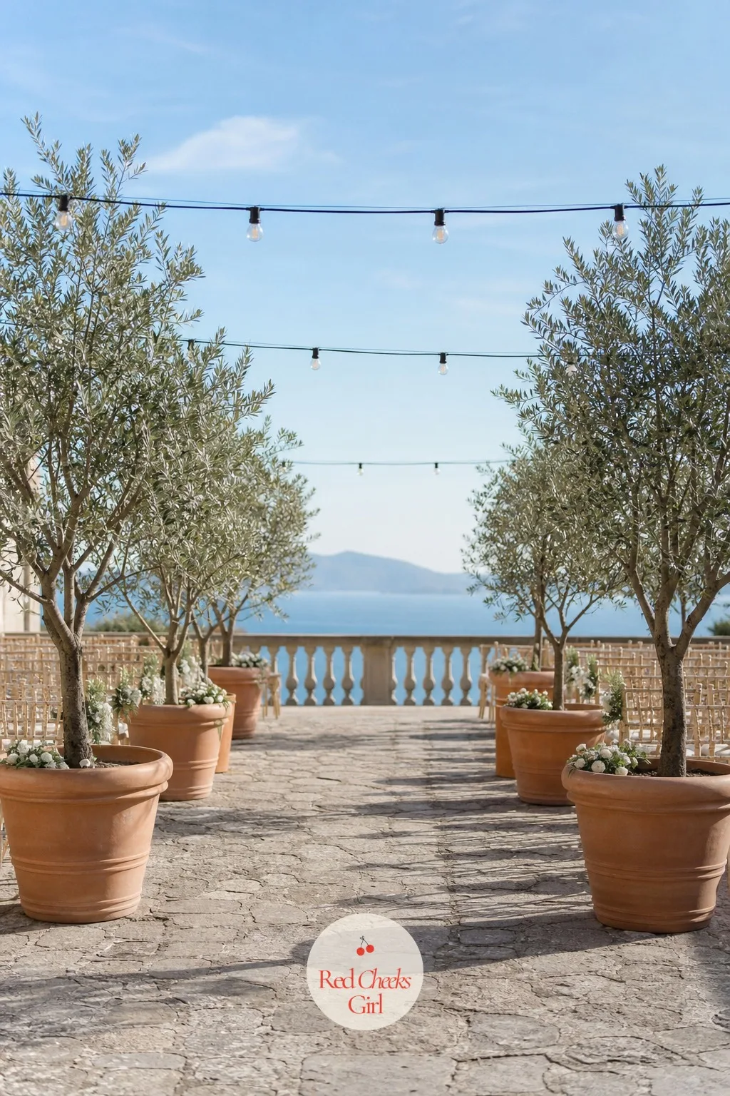 Potted Olive Trees Lining The Aisle — A terrace wedding rarely needs more flowers, it needs more structure, and a row of olive trees in large terracotta pots