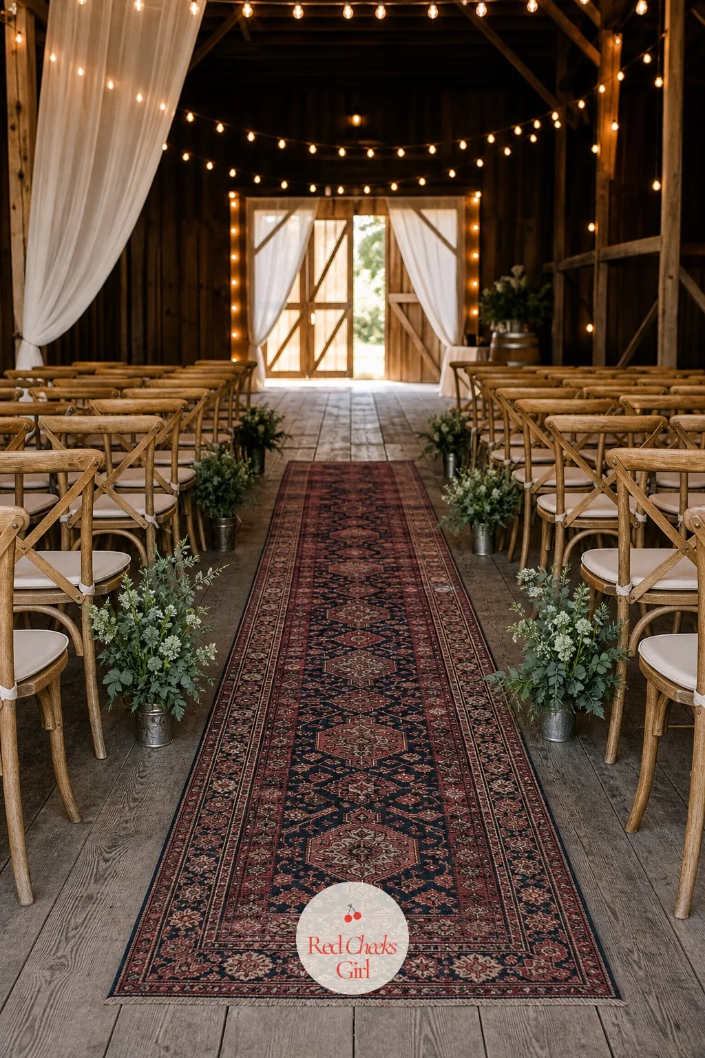Rug Runner — A bare aisle through a barn reads unfinished, but a full floral carpet is overkill for a floor nobody is trying to hide. Wedding aisle decor