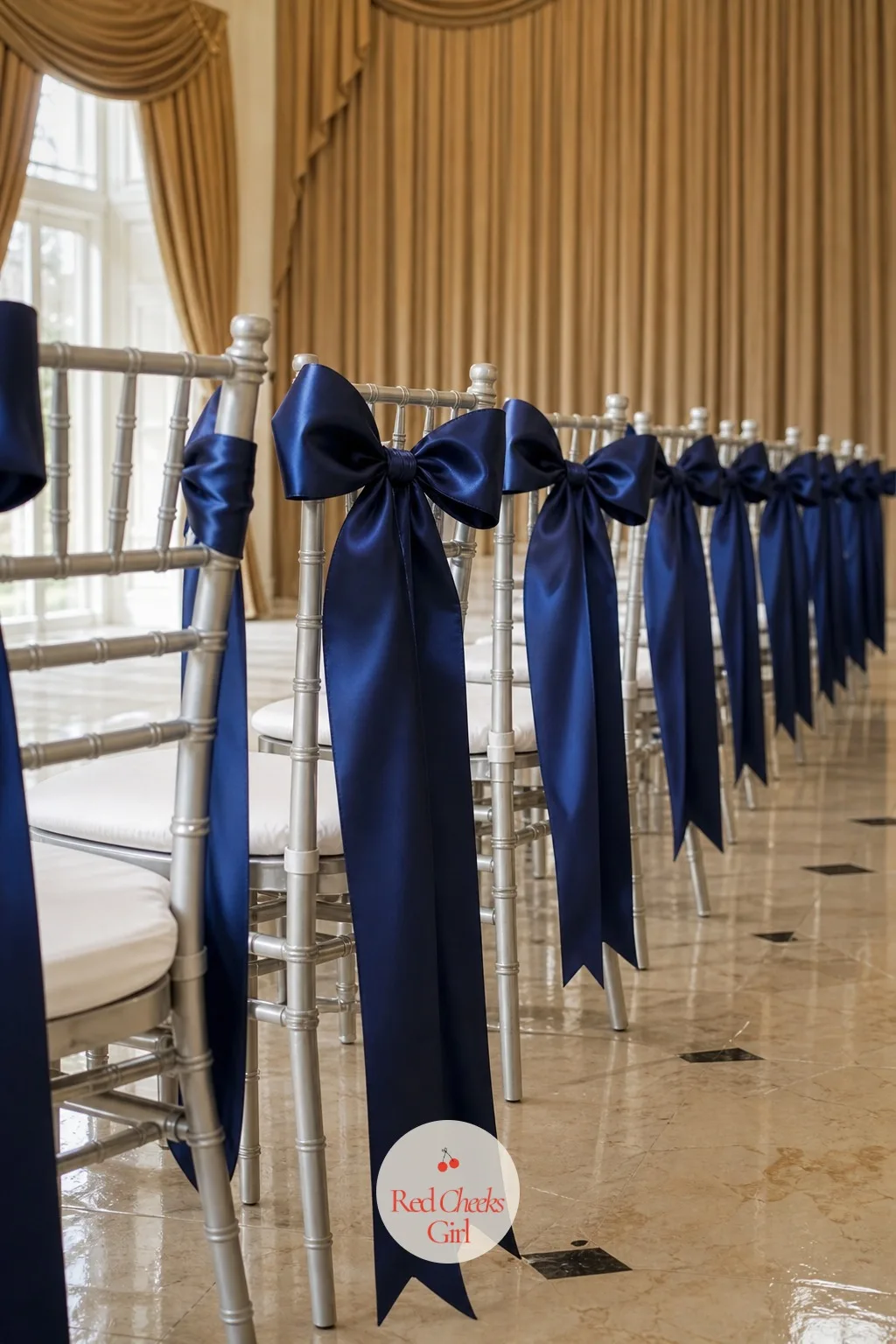 Satin Ribbon Bows, No Flowers — Not every budget has room for florals on forty chairs, and a plain aisle does not have to mean an underdressed one. Wedding