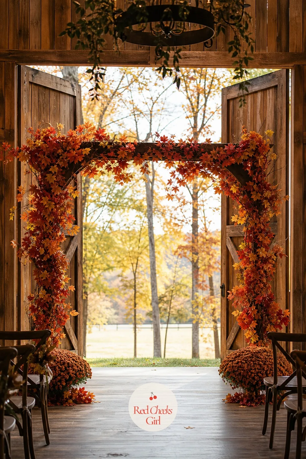 Autumn Leaves — An arch built for autumn should look like it belongs to the season, not like leftover summer flowers in warmer colours. Wedding arch ideas