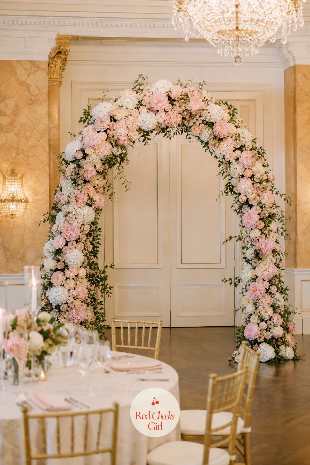 Blush Peony Half Moon Arch — A full circle of flowers can feel heavy indoors. Wedding arch ideas