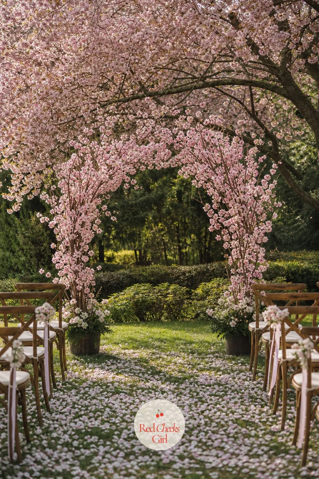 Cherry Blossom Arch — Nothing says a specific few weeks of spring quite like blossom branch, and it suits a garden wedding planted under the real trees it is