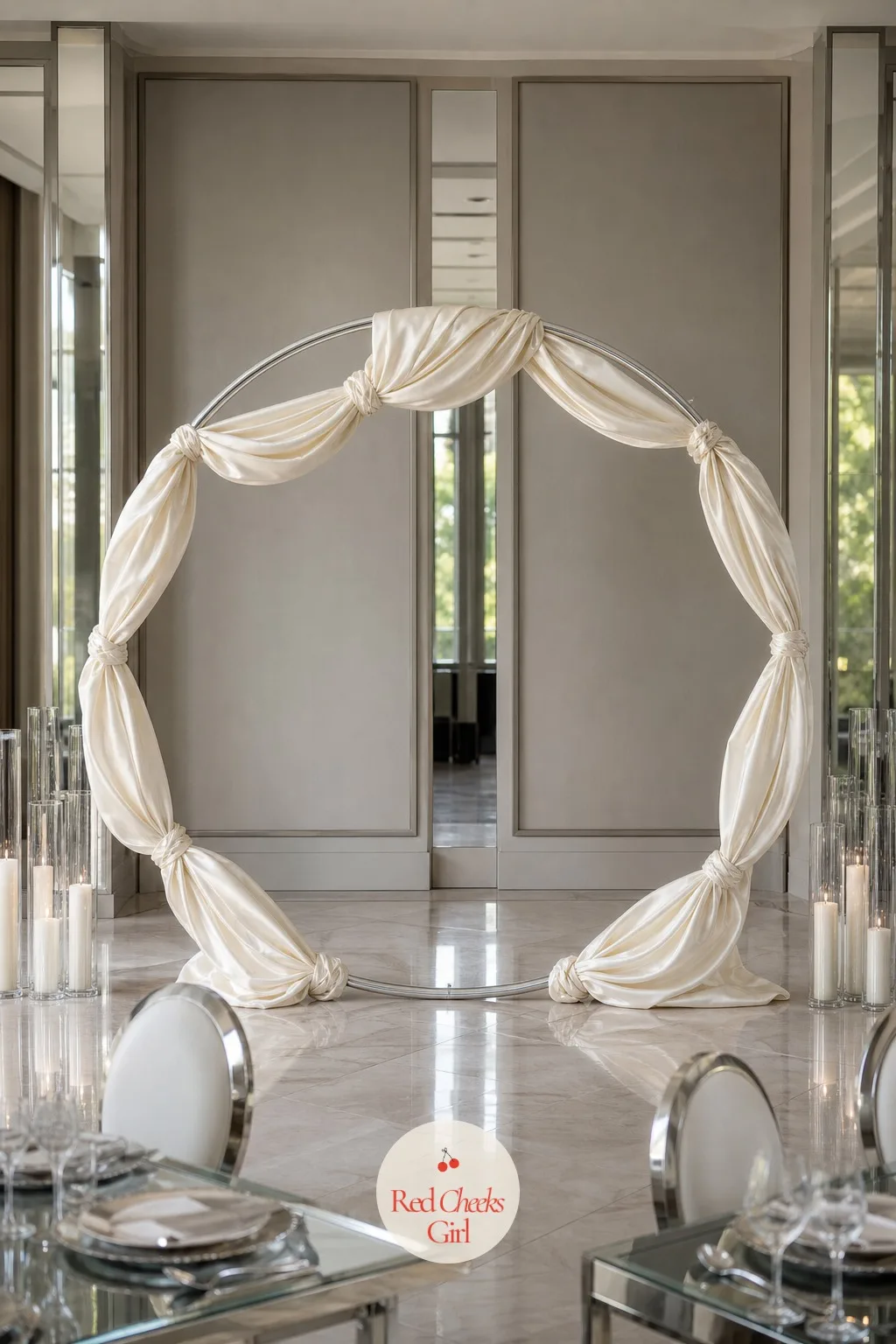 Chrome Circle With Ivory Drapery — If flowers are not the priority this year, a circle with fabric through it still reads as considered, and it goes up in