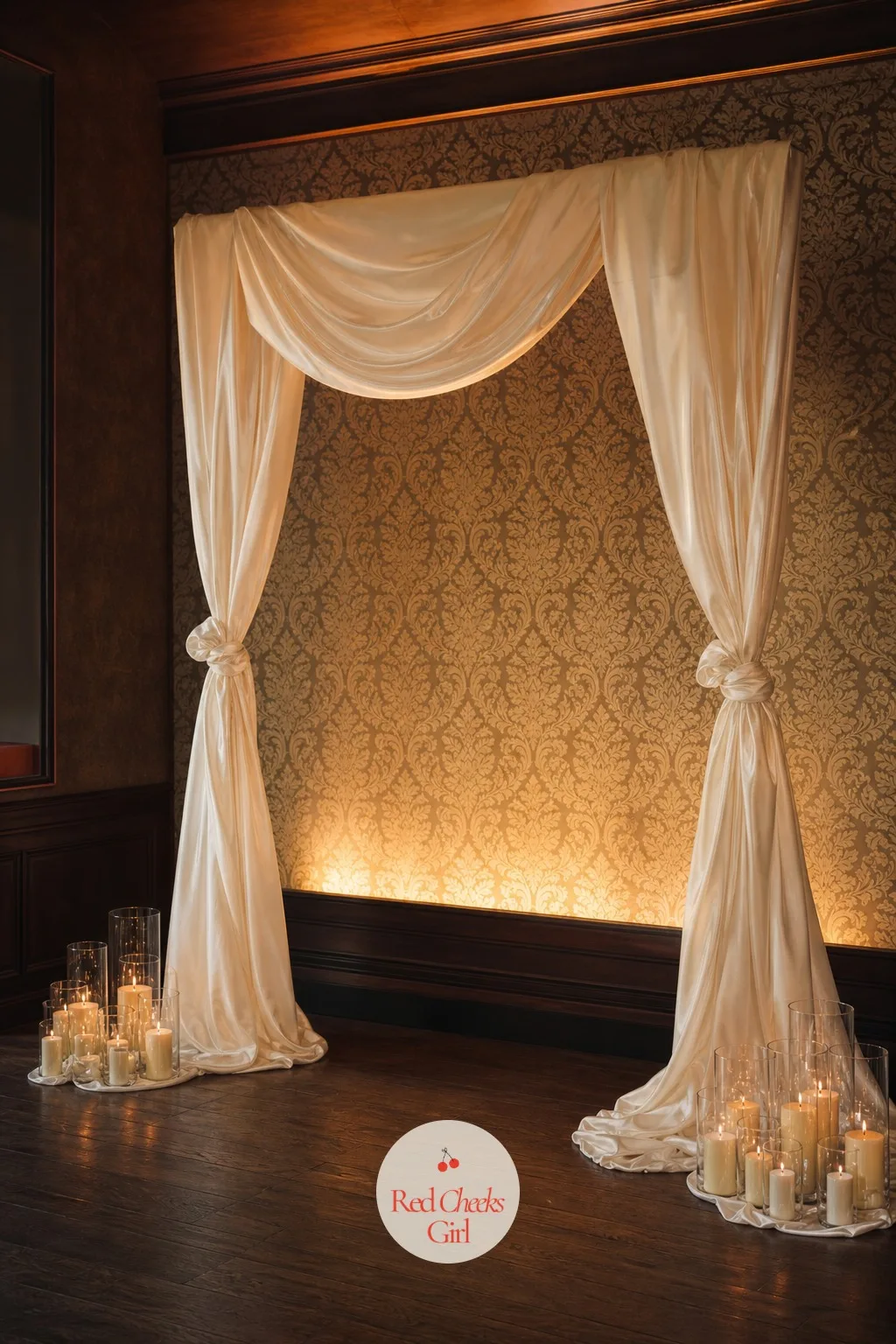 Draped Satin With Candles at the Base — No florals at all, and the room still reads as romantic, because fabric and candlelight do more of the emotional work