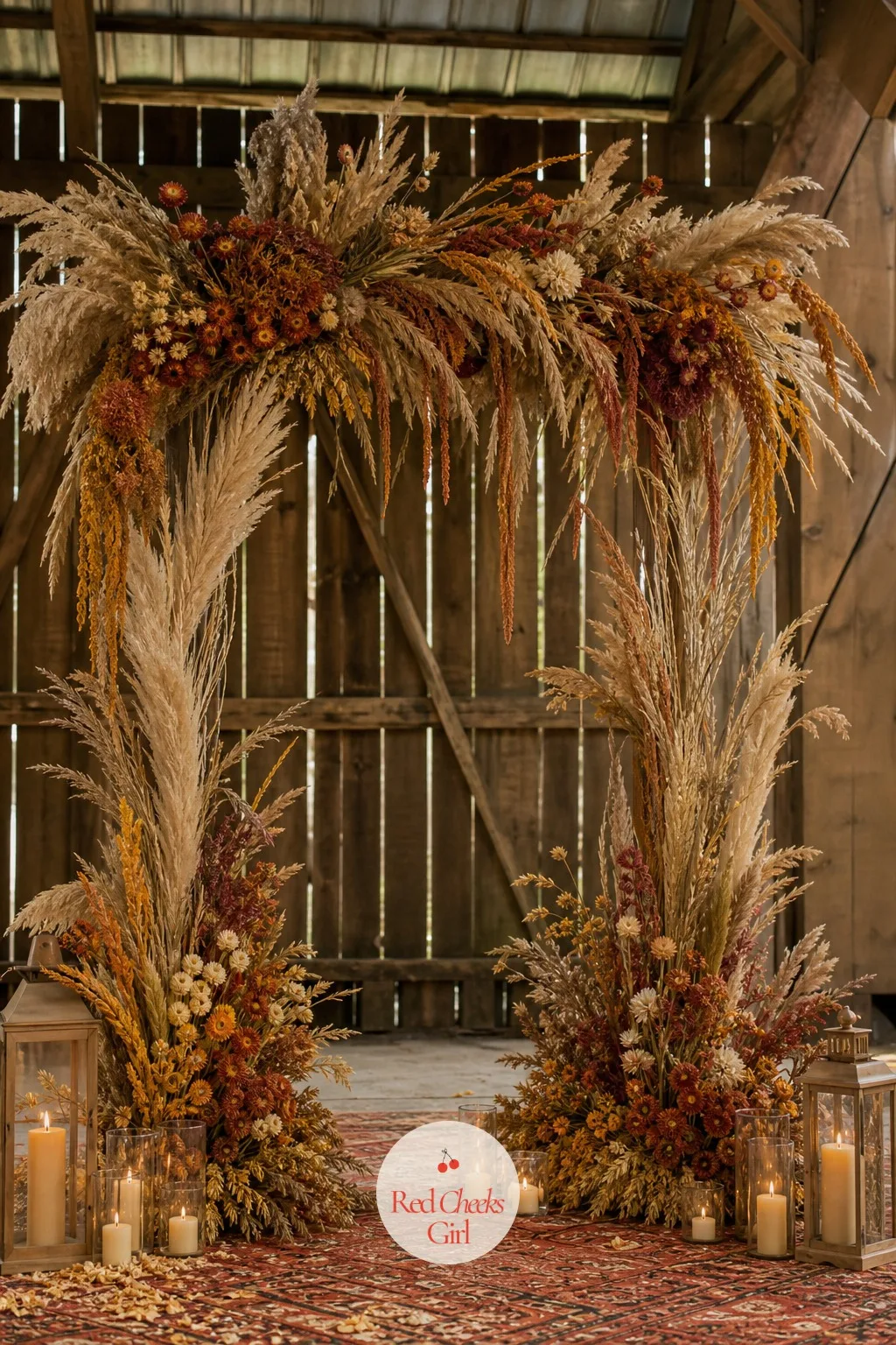 Dried Flower Arch in Warm Tones — Dried flowers solve the one problem every other arch has, they look exactly the same at the rehearsal as they do during the