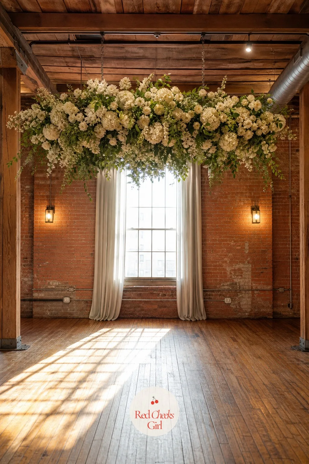 Floral Cloud Suspended Arch — In a tight indoor room, a floor-standing arch can block the aisle entirely. Wedding arch ideas