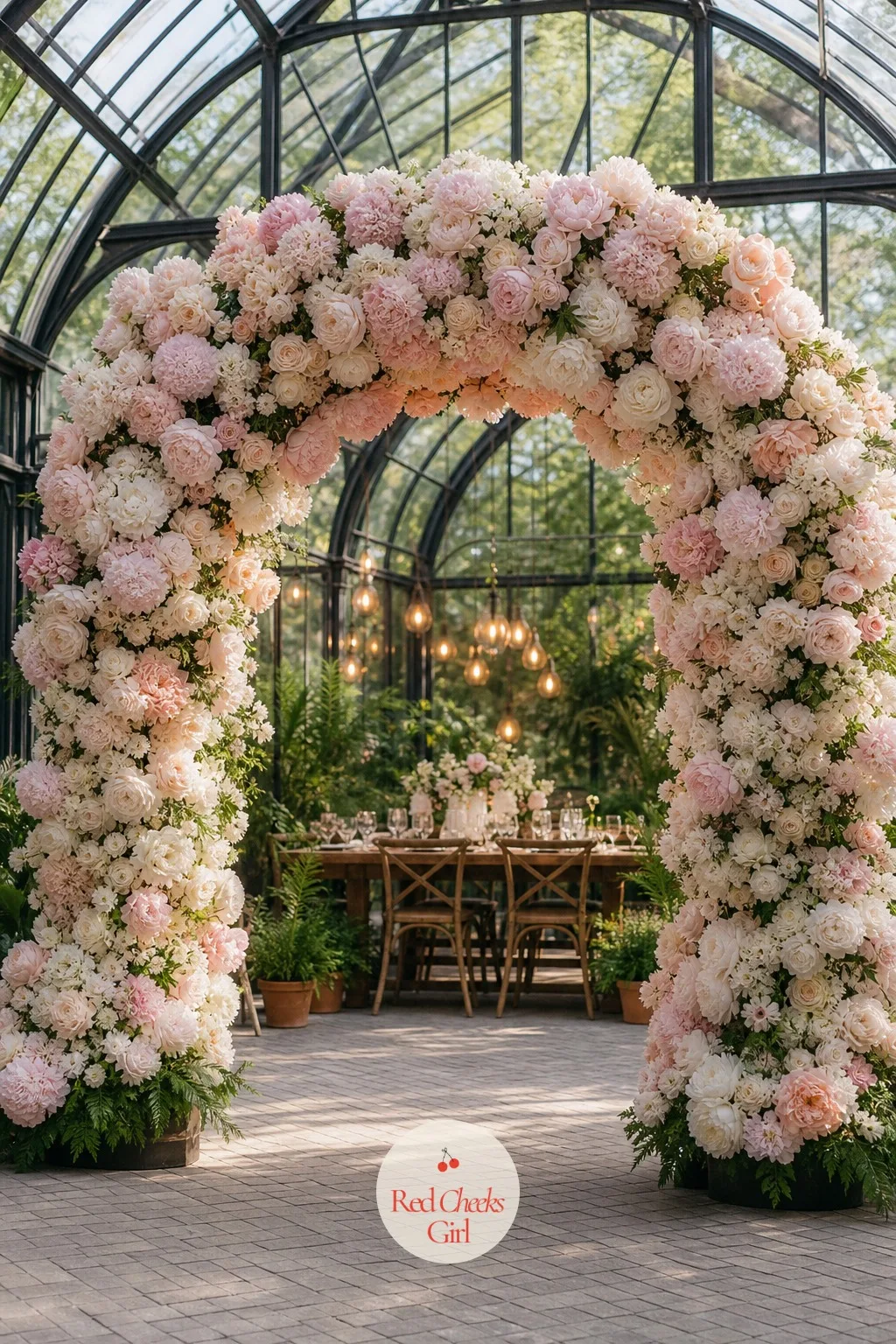 Abundant Peony Arch — Peonies photograph better than almost anything else in a bouquet, and an arch full of them photographs better still, provided the season