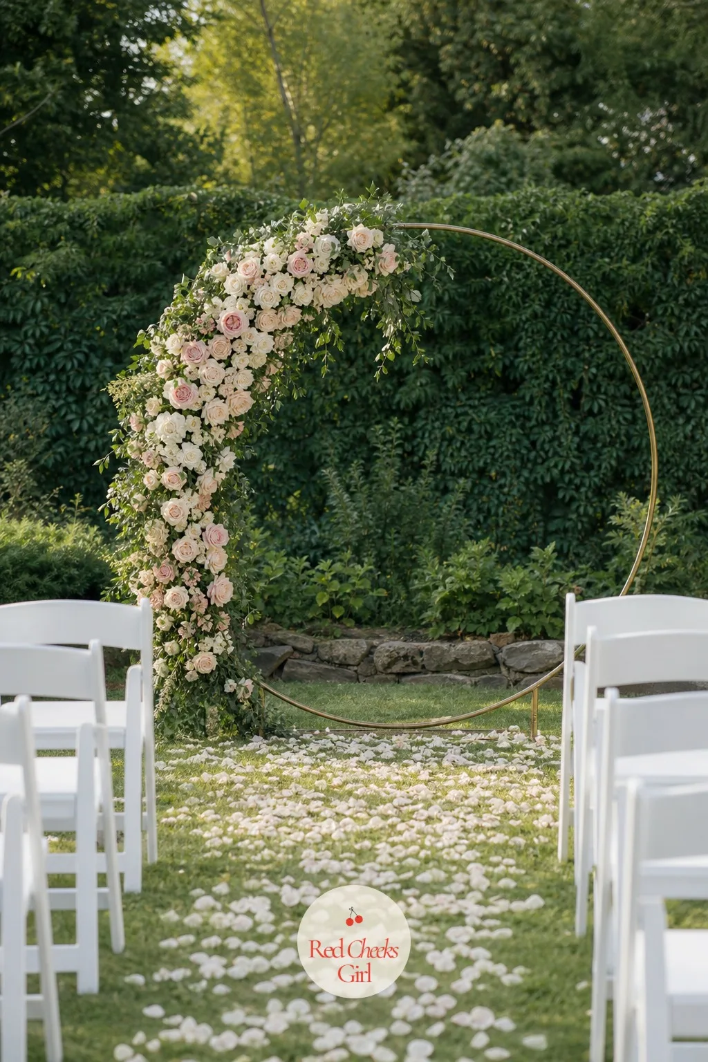 Asymmetric Corner Swag of Roses — She doesn't have to flower every inch of the frame, and most of the best-dressed arches skip it anyway. Wedding arch flowers