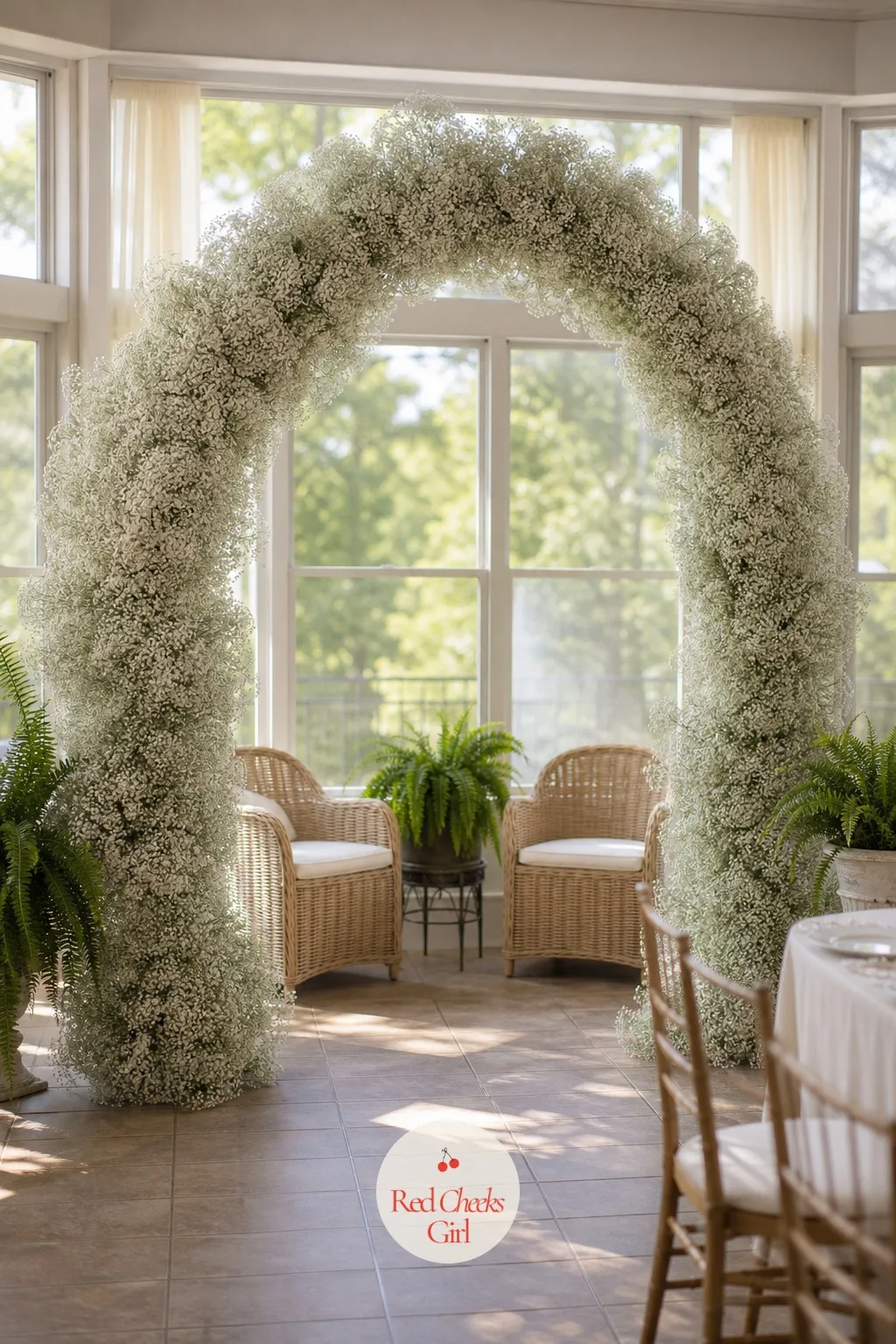 Baby's Breath Cloud Arch — Not everyone wants a statement bloom, and a whole arch made of nothing but baby's breath reads soft and a little dreamy without