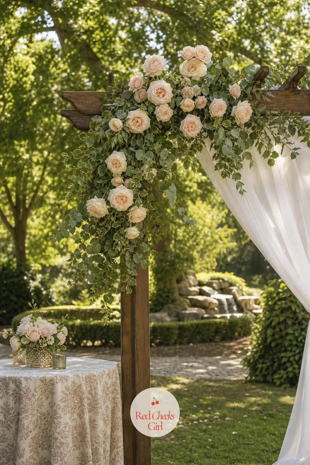 Blush Garden Roses With Greenery — She wants romantic, not girlish, and the difference is in how loose the greenery sits against the pink. Wedding arch flowers