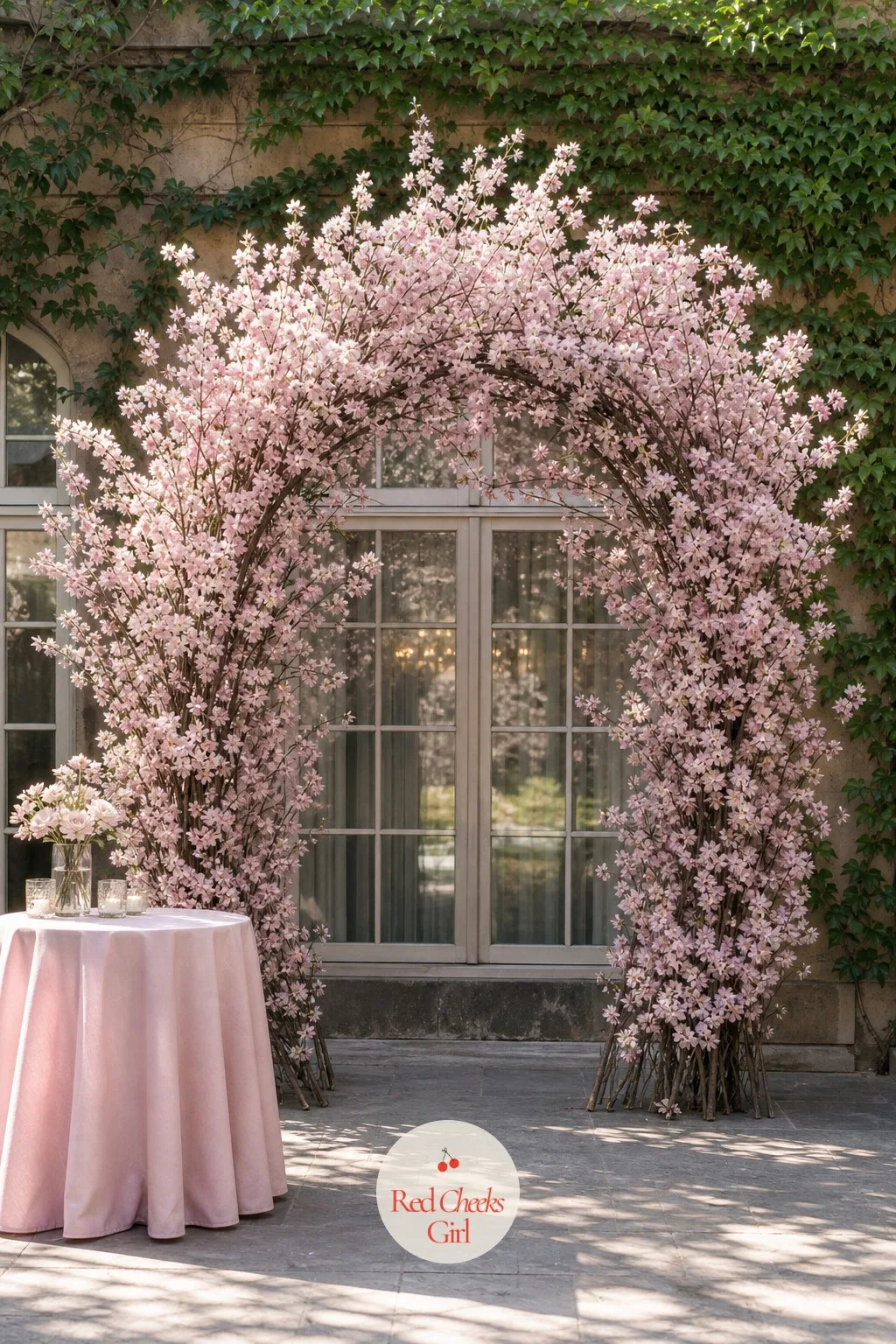 Cherry Blossom Branch Arch — Spring gives her exactly one short window for this, and a few branches do more than a dozen bunches of cut flowers ever could.
