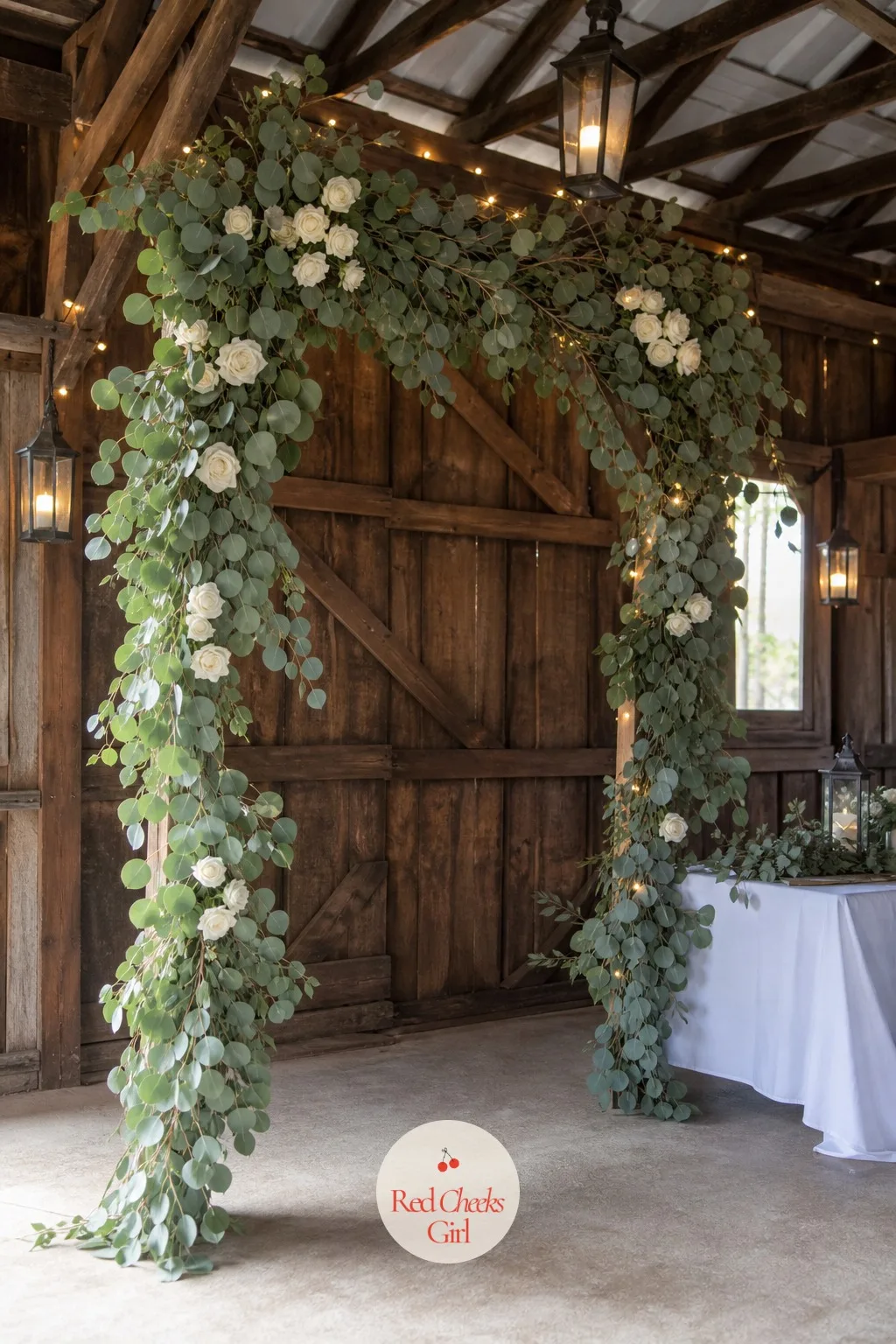 Eucalyptus and White Roses — Green and white reads calm from twenty feet away, and calm is exactly what most ceremonies need once the nerves set in. Wedding