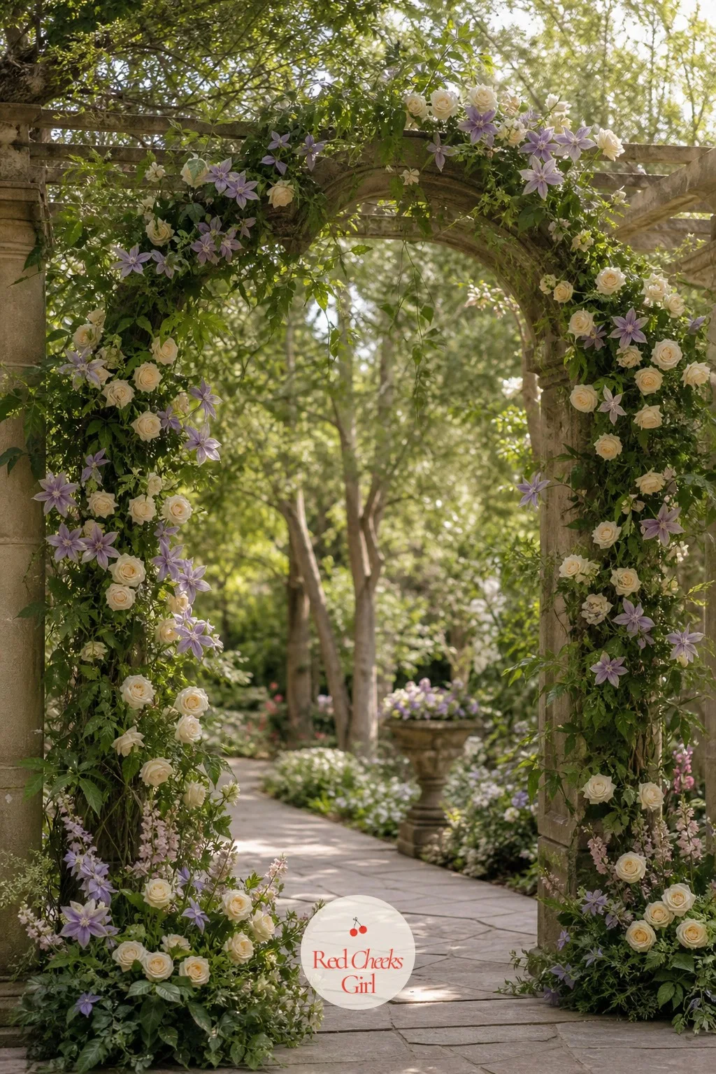 Garden Rose and Clematis Vine Arch — A bare frame with just flowers can look flat from the side, and a vine wrapped through it fixes the angle nobody plans