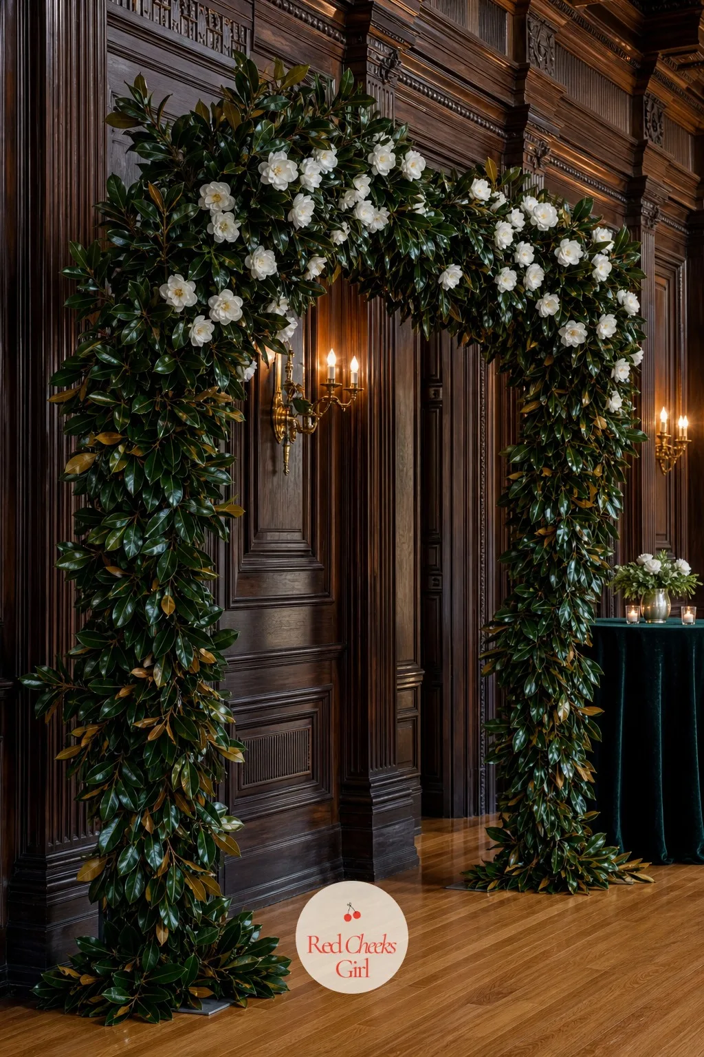 Magnolia Branch and Camellia Arch — Glossy dark green against white is a color combination that reads expensive without a single rare stem in it. Wedding arch