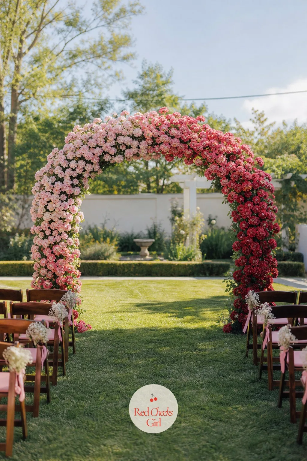 Ombre Carnation Arch — Carnations get dismissed too fast, and an ombre fade from pale pink to deep red across the whole arch is the one look here that costs