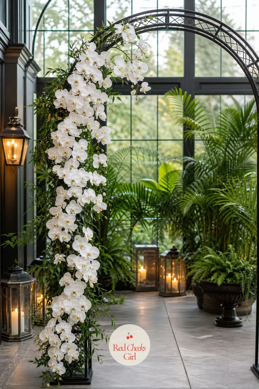 Orchid Cascade — She wants the arch to look expensive without saying so out loud, and nothing reads luxury quite like orchids falling in one long line. Wedding